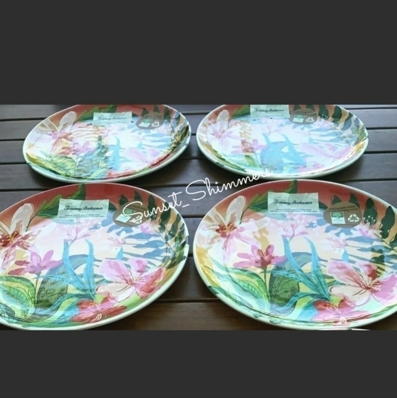 𝅺4PC Set Tommy Bahama Tropical Hibiscus Flowers Eco Melamine Dinner Plates New - Picture 3 of 6